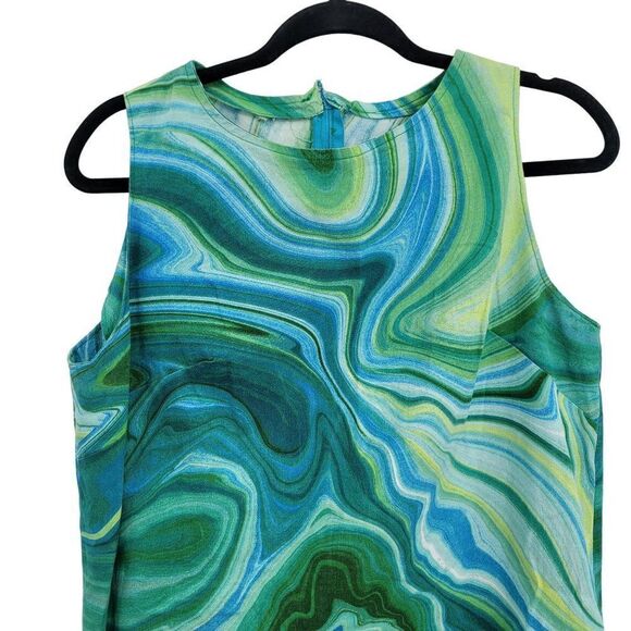 Vintage 70's Handmade GoGo Dress L Aqua Blue Green Swirl Sleeveless Mini Shift - Picture 4 of 9